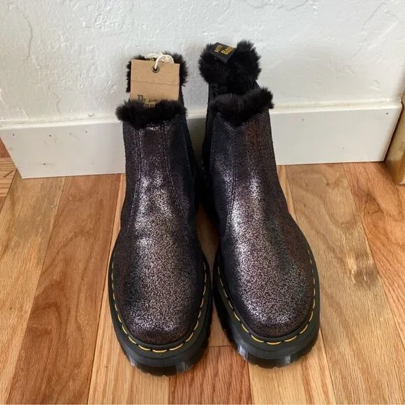 New Dr Marten 2976 Quad Platform Fur-Lined Metallic Boots- Black/Silver …