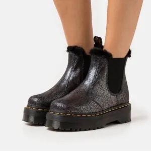 New Dr Marten 2976 Quad Platform Fur-Lined Metallic Boots- Black/Silver …