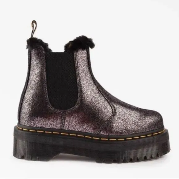 New Dr Marten 2976 Quad Platform Fur-Lined Metallic Boots- Black/Silver …