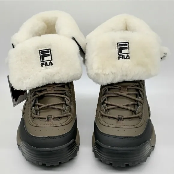 NEW Fila Disruptor Shearling Boots Sneakers Women Green Fax Fur Ivory Winter 7.5