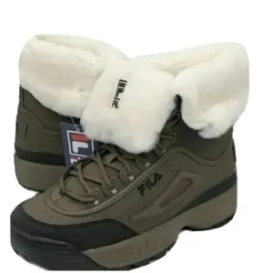 NEW Fila Disruptor Shearling Boots Sneakers Women Green Fax Fur Ivory Winter 7.5