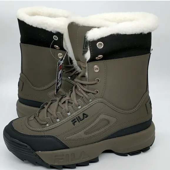NEW Fila Disruptor Shearling Boots Sneakers Women Green Fax Fur Ivory Winter 7.5