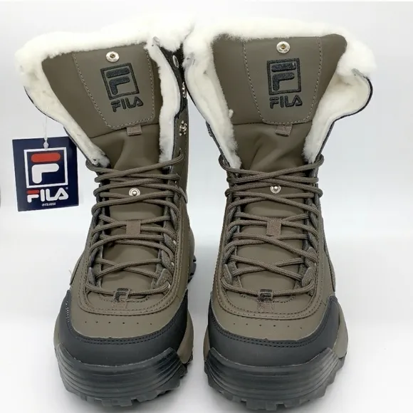 NEW Fila Disruptor Shearling Boots Sneakers Women Green Fax Fur Ivory Winter 7.5