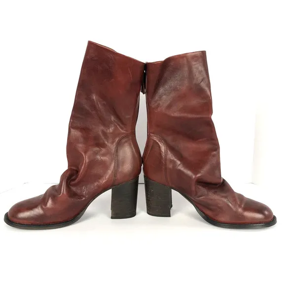 NEW Free People Elle Block Heel Slouchy Boots Sz 41 Burgundy Red Leather Boho