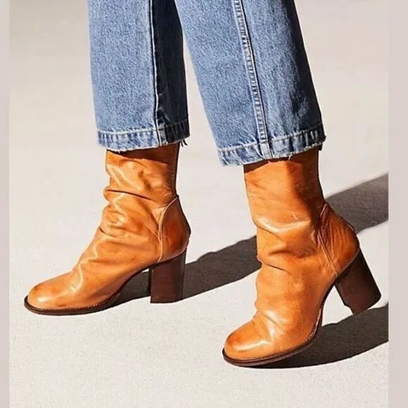 New free people Elle block heeled boot camel tan brown