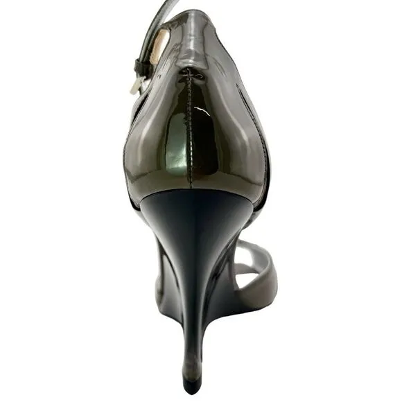 New Giorgio Armani Women US 9 Shoes High Heel Gray Patent Leather Wedge Sandals