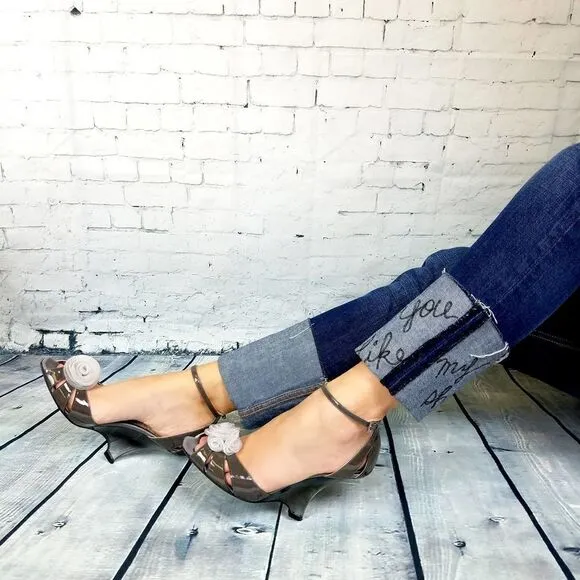 New Giorgio Armani Women US 9 Shoes High Heel Gray Patent Leather Wedge Sandals