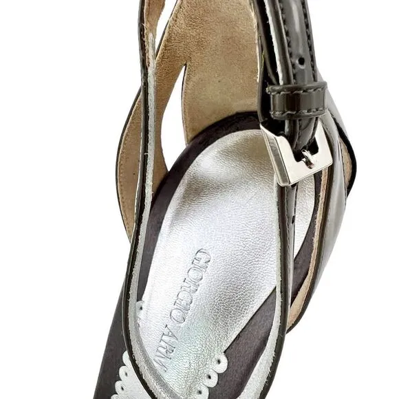 New Giorgio Armani Women US 9 Shoes High Heel Gray Patent Leather Wedge Sandals