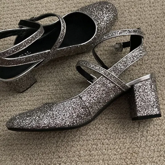 NEW J. Crew Indigo Rd Glitter Strappy Block Heel Sandals High Heels Size 8 NWOB
