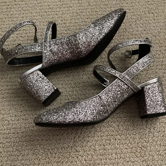 NEW J. Crew Indigo Rd Glitter Strappy Block Heel Sandals High Heels Size 8 NWOB