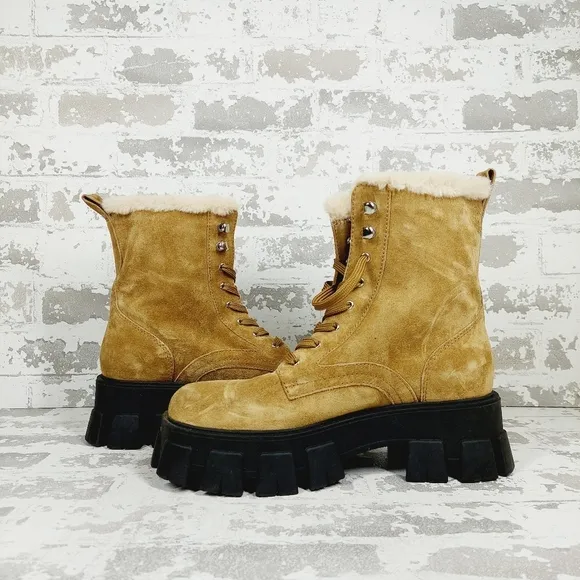 New Marc Fisher Tan Suede Faux Fur Lace Up Chunky Winter Combat Boots C511