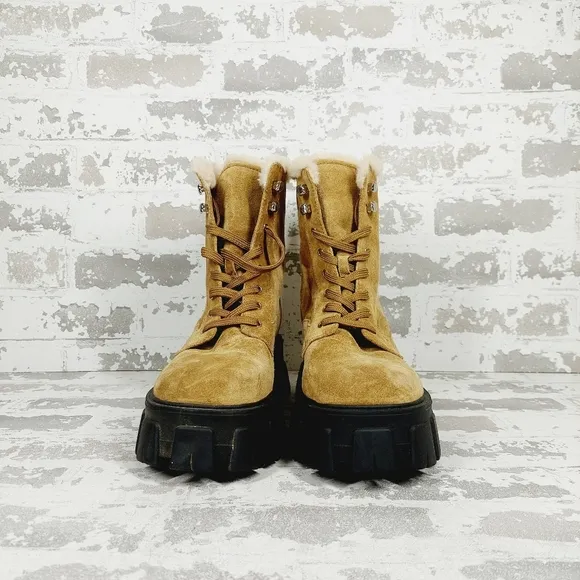 New Marc Fisher Tan Suede Faux Fur Lace Up Chunky Winter Combat Boots C511