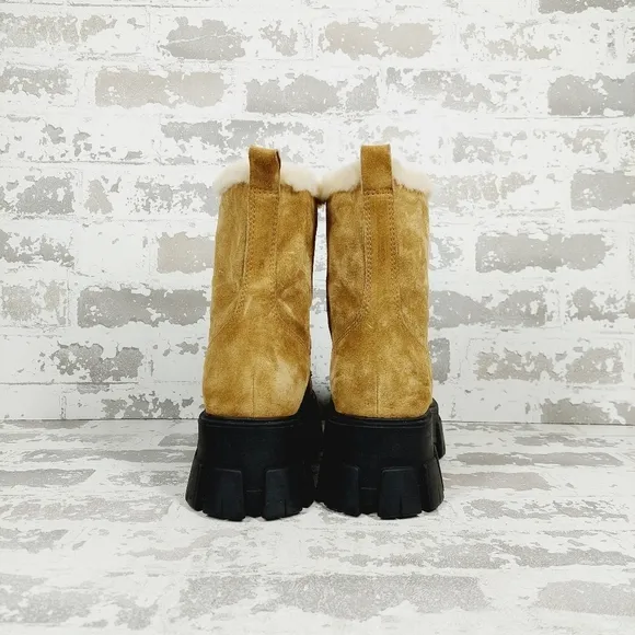 New Marc Fisher Tan Suede Faux Fur Lace Up Chunky Winter Combat Boots C511