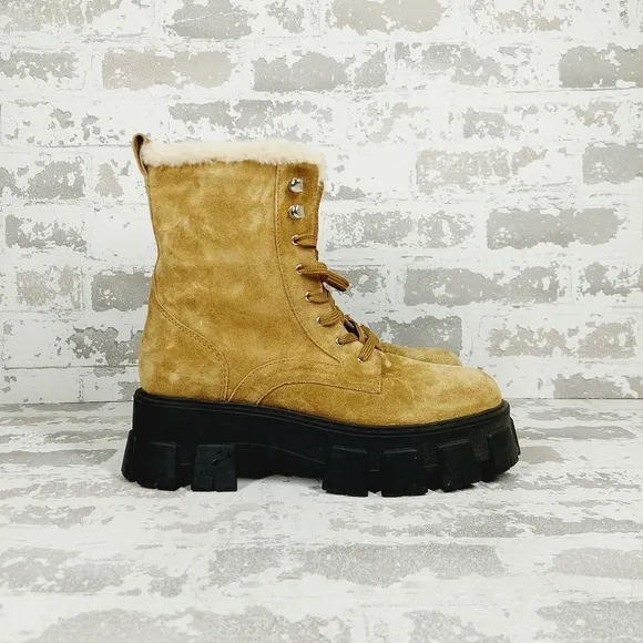 New Marc Fisher Tan Suede Faux Fur Lace Up Chunky Winter Combat Boots C511