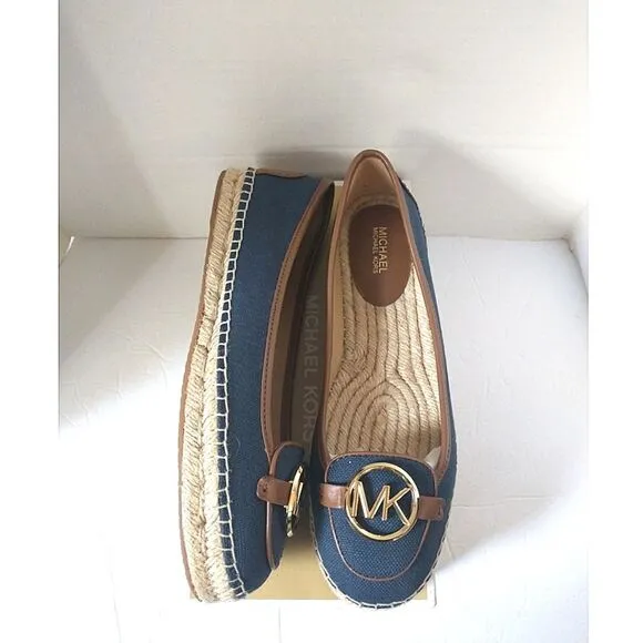 New! MICHAEL KORS MK Logo Lillie Espadrille Flats Shoes Navy Blue Size 8