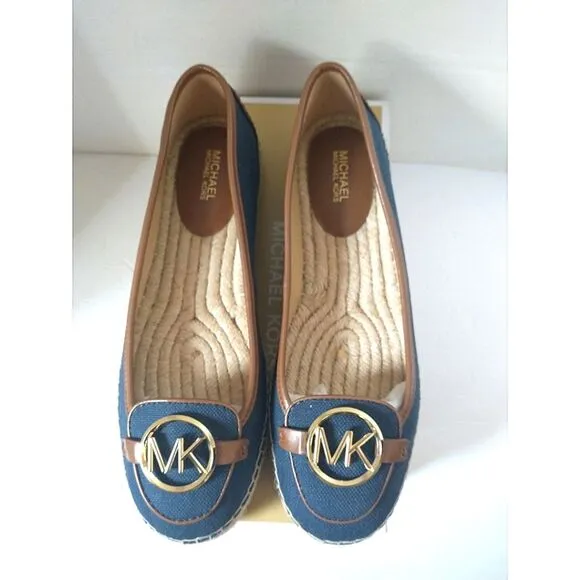 New! MICHAEL KORS MK Logo Lillie Espadrille Flats Shoes Navy Blue Size 8