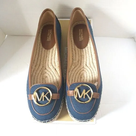 New! MICHAEL KORS MK Logo Lillie Espadrille Flats Shoes Navy Blue Size 8