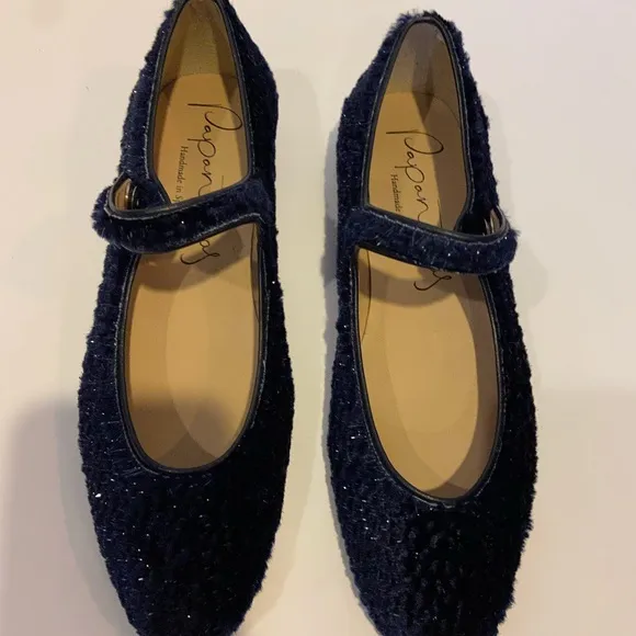 NEW Papanatas blue shimmer velvet Mary Jane ballet flat shoes