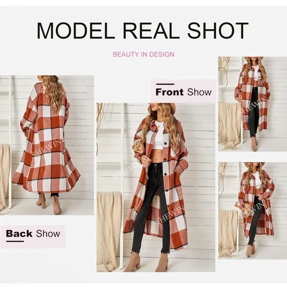 New SHEWIN Casual Lapel Button Down Long Plaid Shirts Coat Shacket Jacket sz S