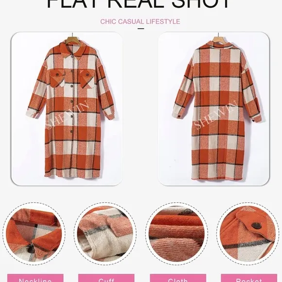 New SHEWIN Casual Lapel Button Down Long Plaid Shirts Coat Shacket Jacket sz S