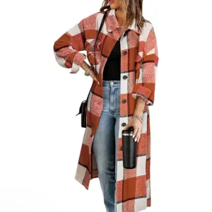 New SHEWIN Casual Lapel Button Down Long Plaid Shirts Coat Shacket Jacket sz S