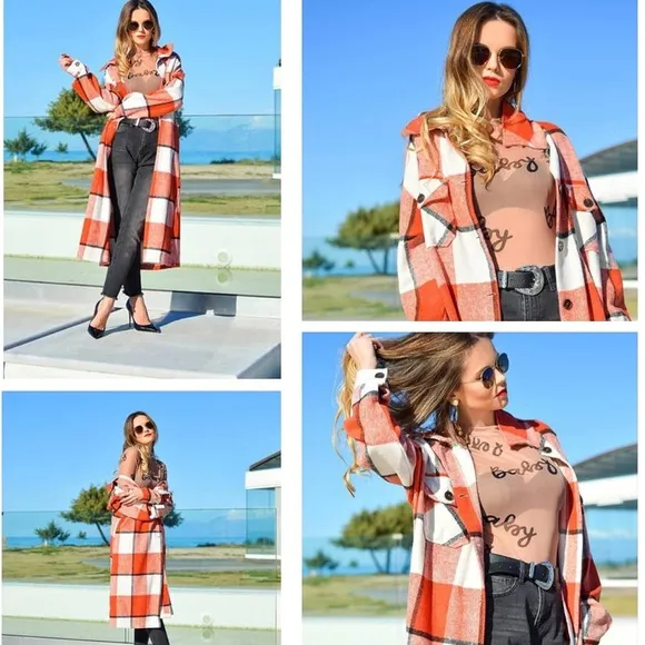 New SHEWIN Casual Lapel Button Down Long Plaid Shirts Coat Shacket Jacket sz S