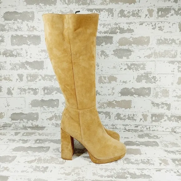 New Steve Madden Marcello Tan Suede Block Heel Platform Knee High Boots W607