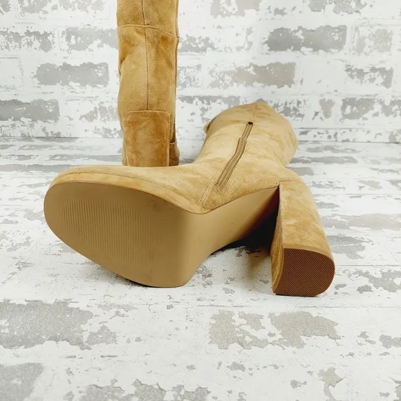 New Steve Madden Marcello Tan Suede Block Heel Platform Knee High Boots W607