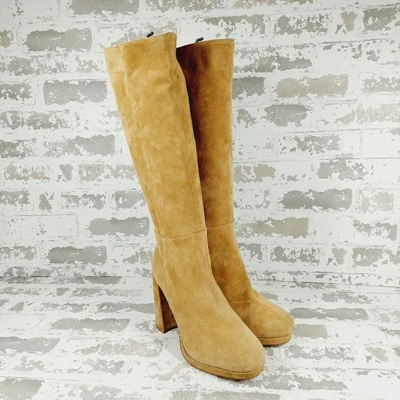 New Steve Madden Marcello Tan Suede Block Heel Platform Knee High Boots W607