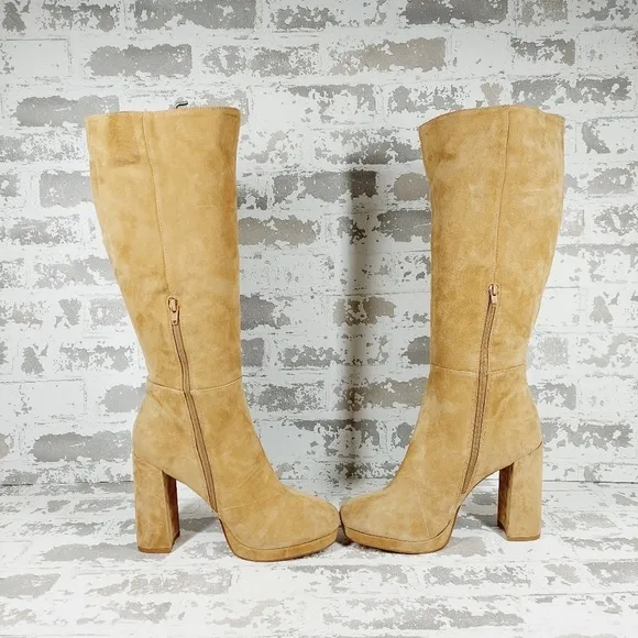 New Steve Madden Marcello Tan Suede Block Heel Platform Knee High Boots W607