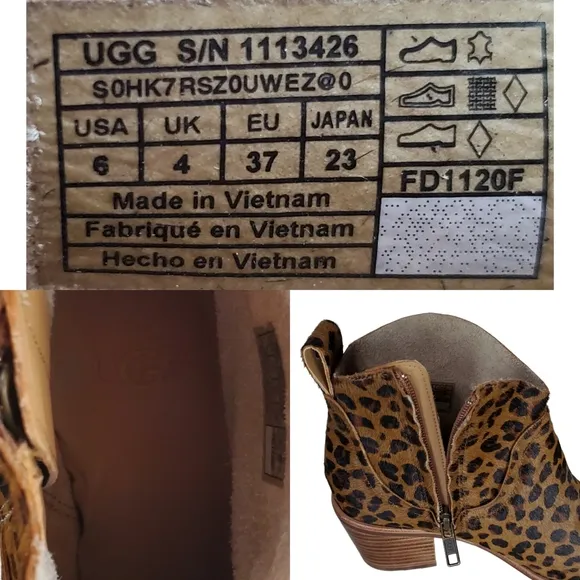 New Ugg kingsburg calf hair leopard print zip up western ankle boots brown
