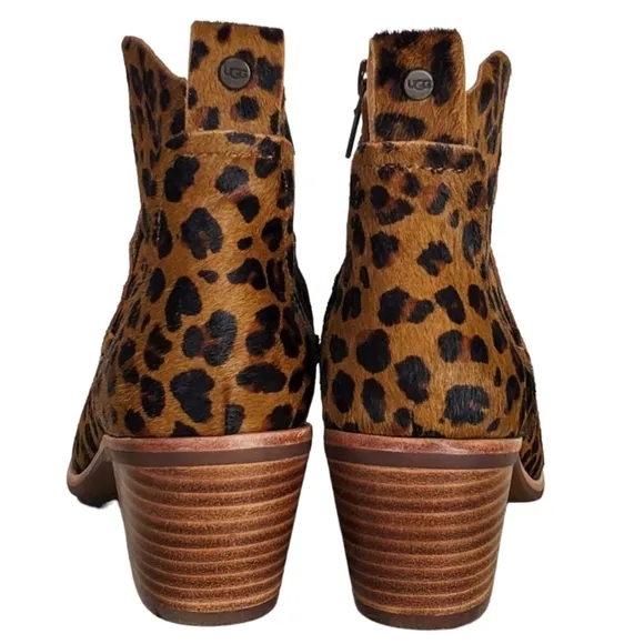 New Ugg kingsburg calf hair leopard print zip up western ankle boots brown