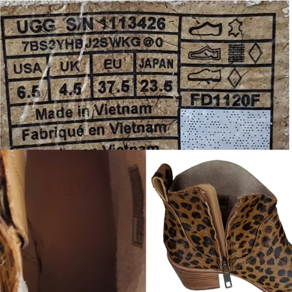 New Ugg kingsburg calf hair leopard print zip up western ankle boots brown