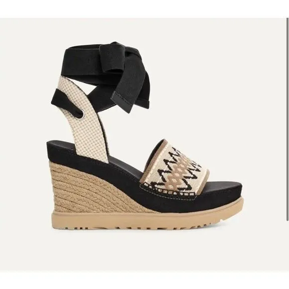 New Ugg Australia Abbot Women Wedge Platform Ankle Tie Beige Black Sandals 8
