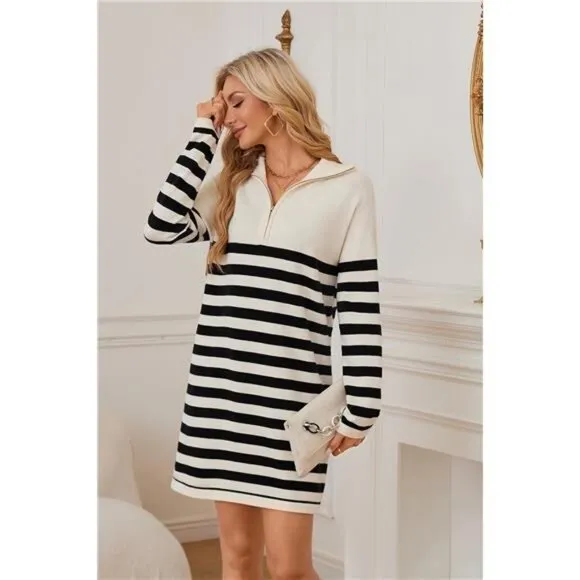 Newshows Women's Winter Sweater Dress 2024 Striped Long Sleeve Lapel Collar