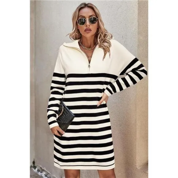 Newshows Women's Winter Sweater Dress 2024 Striped Long Sleeve Lapel Collar