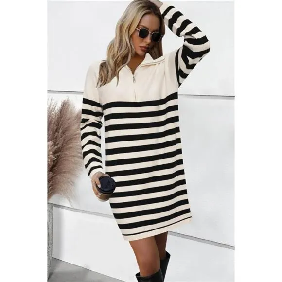 Newshows Women's Winter Sweater Dress 2024 Striped Long Sleeve Lapel Collar