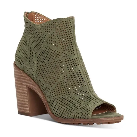 NIB Lucky Brand Vacob 9M Open Toe Perforated Block Heel Ankle Bootie Olive Suede