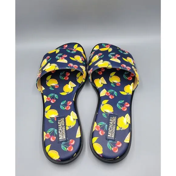 NIB Michael Kors Deanna Sequined Fruit Print Slide Sandal Navy Multi Size 7M