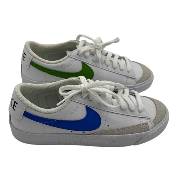 Nike Blazer Low Leather Sneakers Blue Green Swoosh White Shoes Size 5.5Y