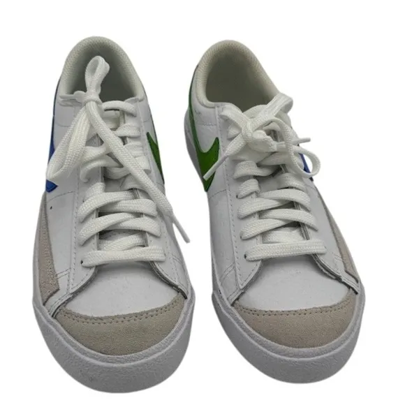 Nike Blazer Low Leather Sneakers Blue Green Swoosh White Shoes Size 5.5Y