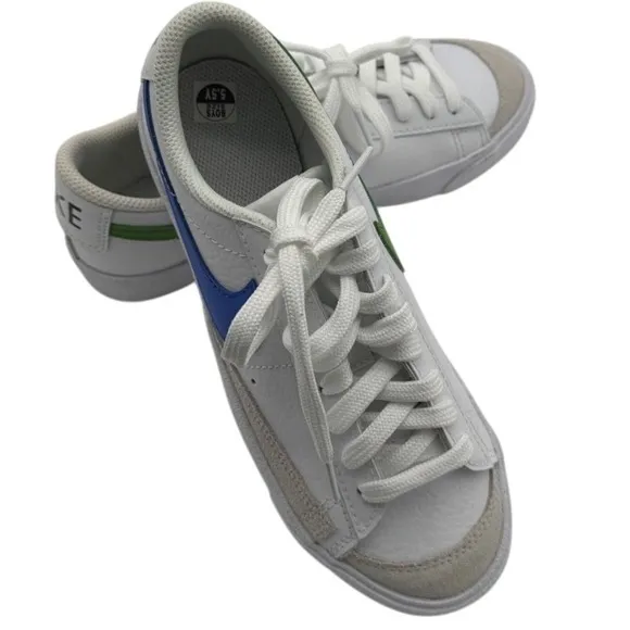 Nike Blazer Low Leather Sneakers Blue Green Swoosh White Shoes Size 5.5Y
