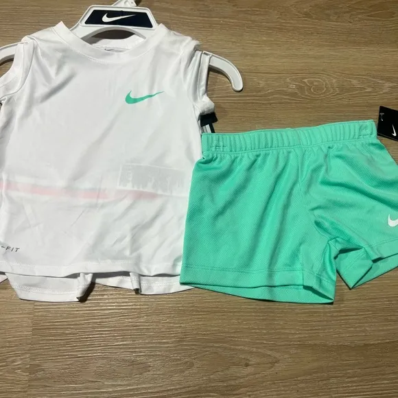 Nike Kids' White Top and Teal Shorts Set with Sneakers
