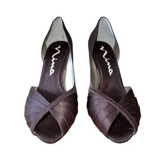 Nina - Party/Cocktail Dark Brown Fabric - Satin Peep Toe Pumps Womens Size 10