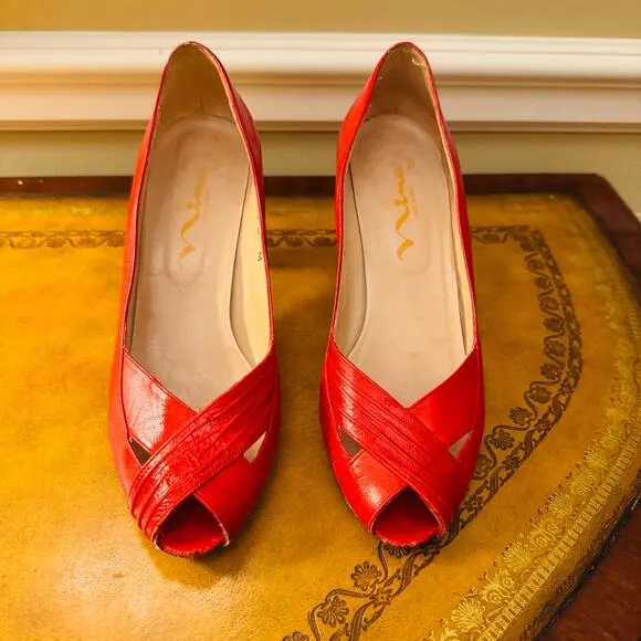 NINA Vintage Womens Red All Leather Peep Toe Heel Pumps Size 8 Made in Spain