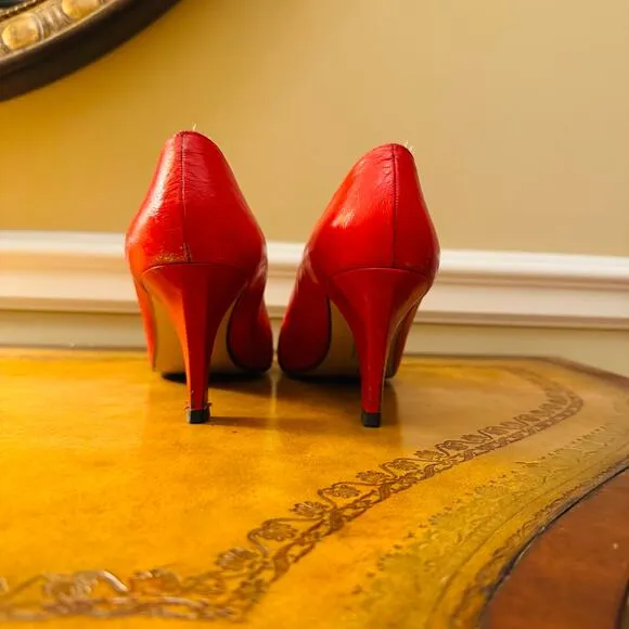 NINA Vintage Womens Red All Leather Peep Toe Heel Pumps Size 8 Made in Spain