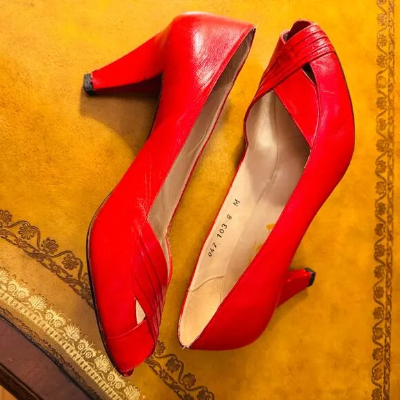 NINA Vintage Womens Red All Leather Peep Toe Heel Pumps Size 8 Made in Spain