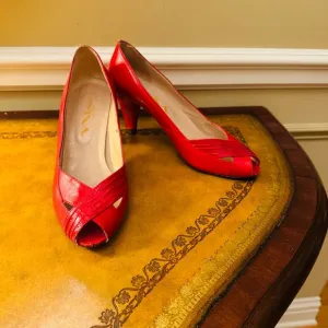 NINA Vintage Womens Red All Leather Peep Toe Heel Pumps Size 8 Made in Spain
