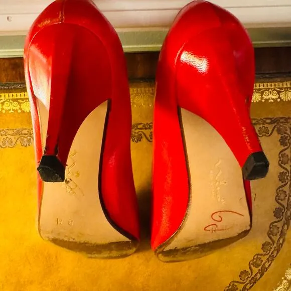 NINA Vintage Womens Red All Leather Peep Toe Heel Pumps Size 8 Made in Spain