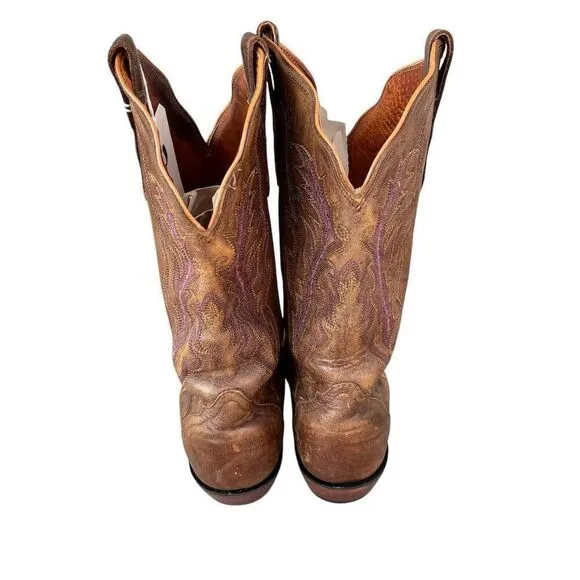 Nocona Women's Brown Leather Western Boots Pointed Toe Purple Stitching 7B